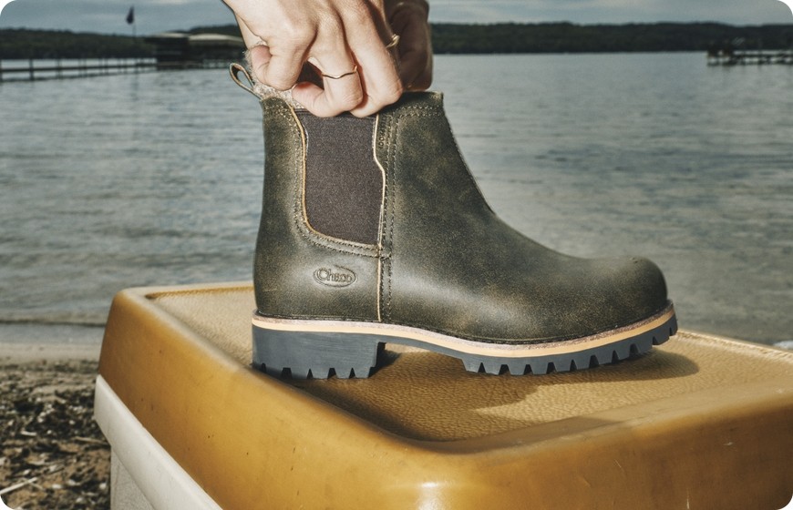 Chaco Fields boot set on a cooler by the water