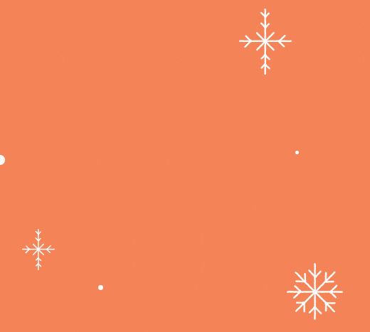 A solid orange background with white snowflakes dancing around.
