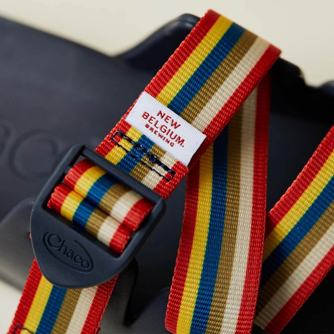 Detail showing custom badge of a chillos, New Belgium Brewing collaborative sandal.