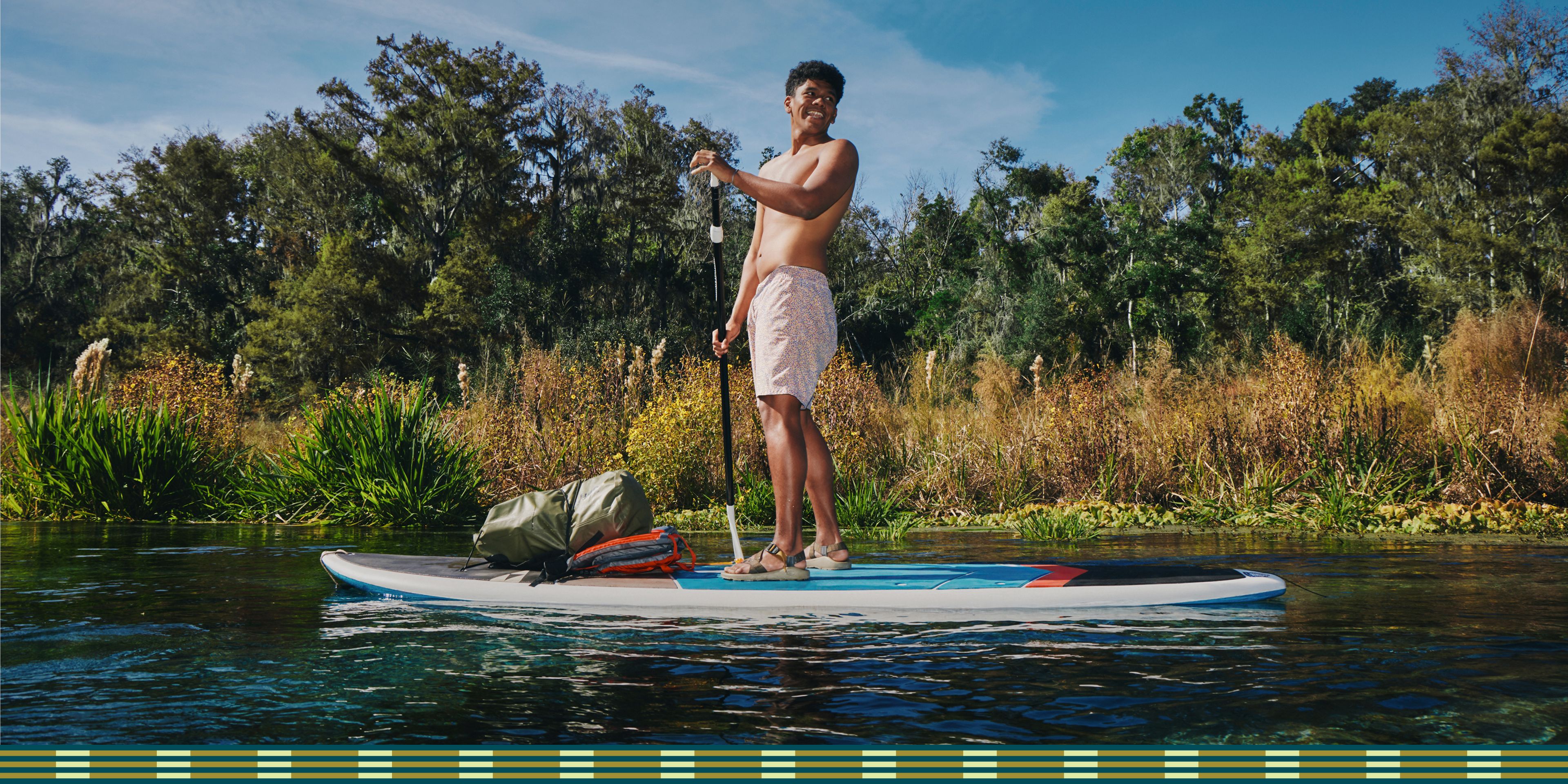 Person paddleboarding with chacos on.
