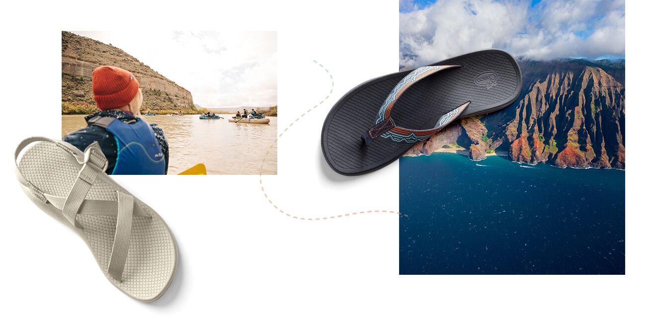 A collage showing a group of kayakers paddling a muddy river, and an arial view of coastal cliffs and dark sea.