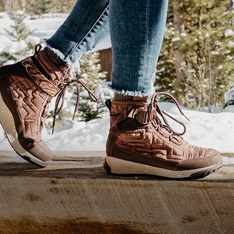 Person going for a walk in the snow wearing Chaco boots