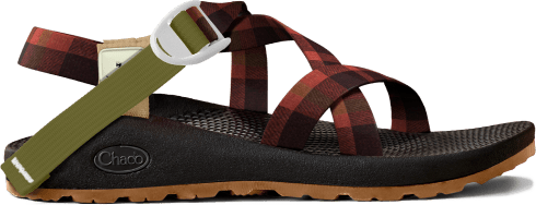 Side profile of Z/1 sandal in red plaid.