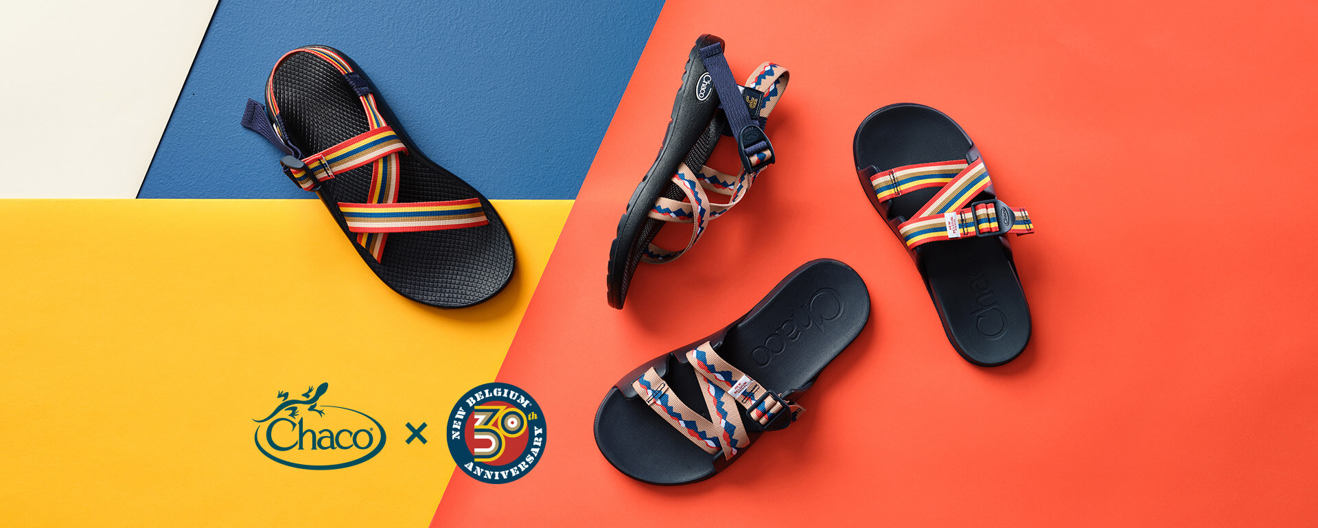 Selection of Chaco and New Belgium Brewing collaborative sandals on a colorful, geometric background, with Chaco x New Belgium 30th anniversary logo.