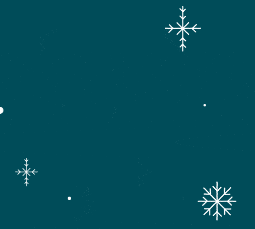 A solid greenish blue background with white snowflakes dancing around.