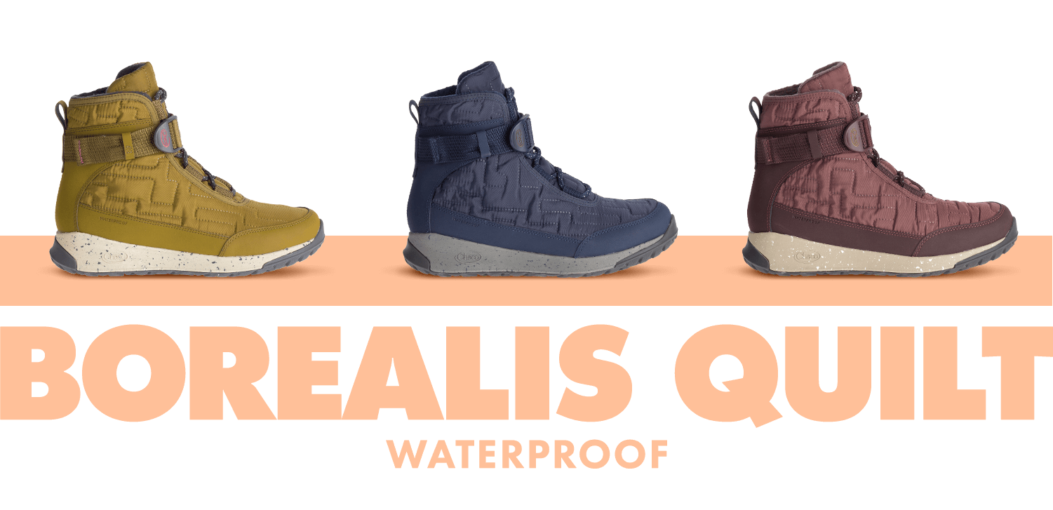 Seaweed, Denim and Mahogony colored Borealis Quilt Waterproof boots