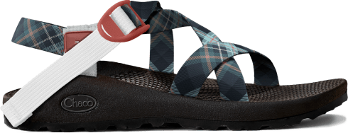Side profile of Z/1 sandal in blue plaid.