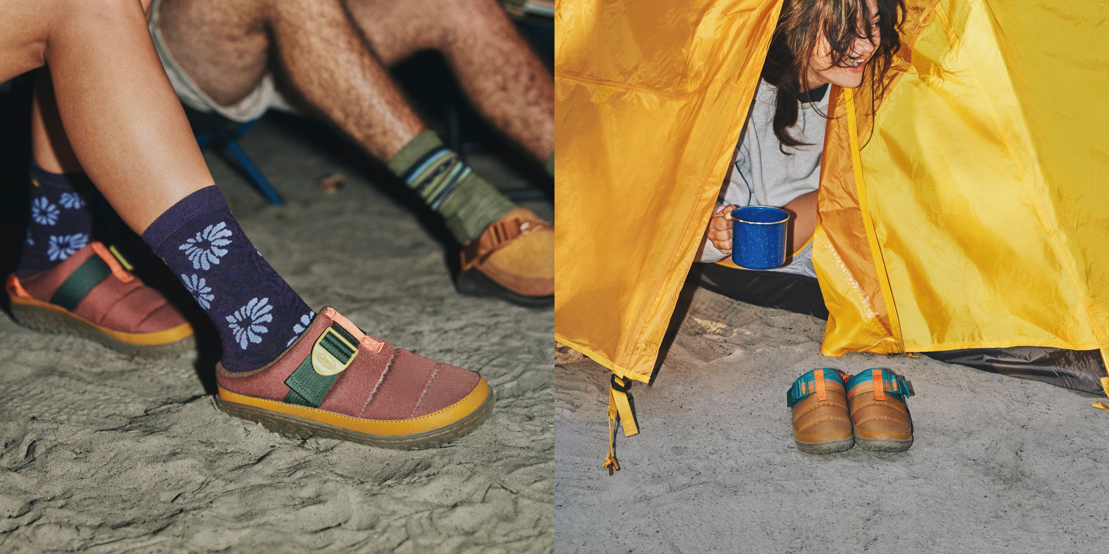 Feet in Chaco Ramble clogs and patterned socks on the sand, and a pair of Ramble clogs outside a yellow tent.