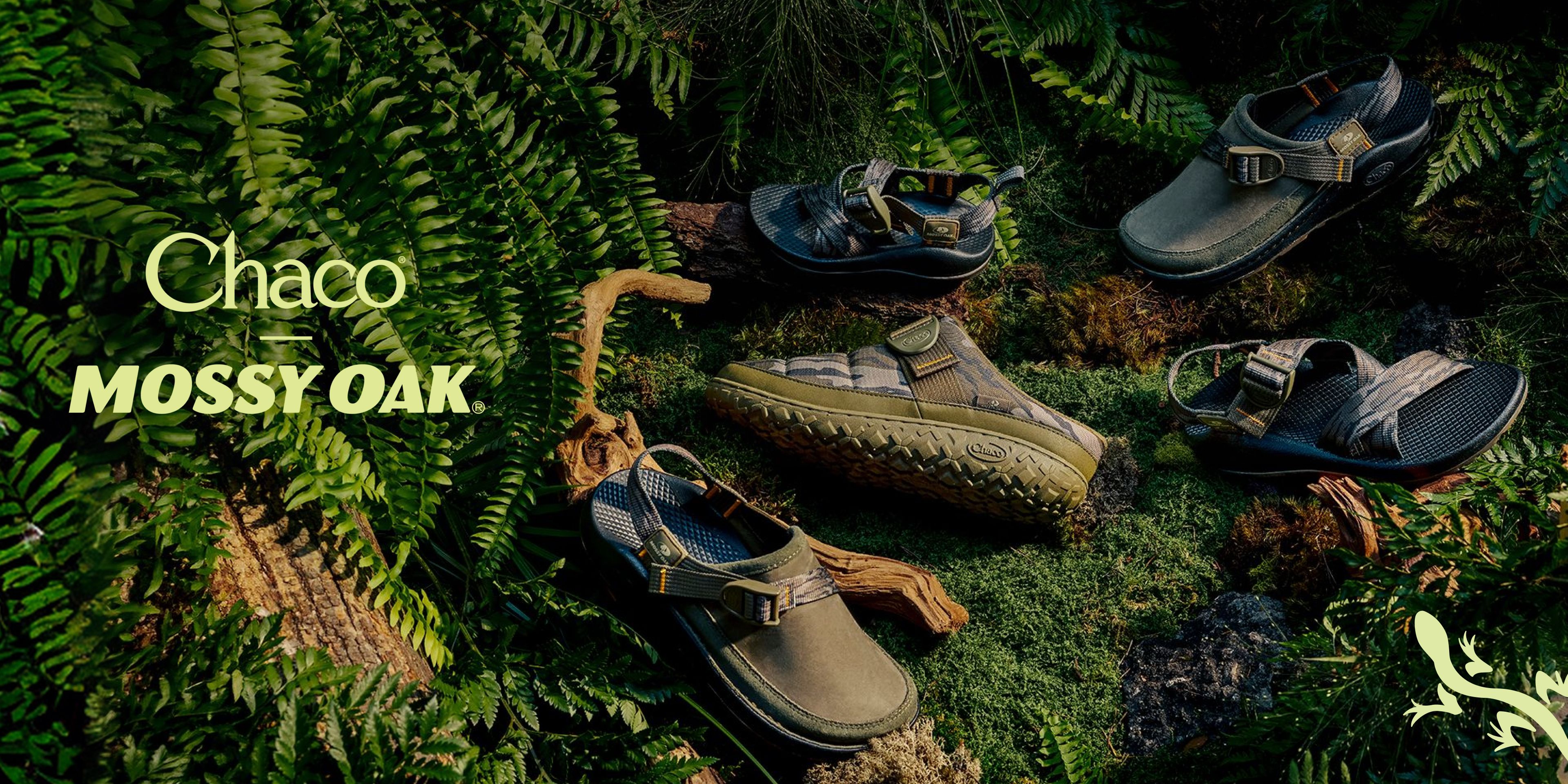 Chaco x Mossy Oak. Sandals and clogs in Mossy Oak camo on a mossy forest floor.